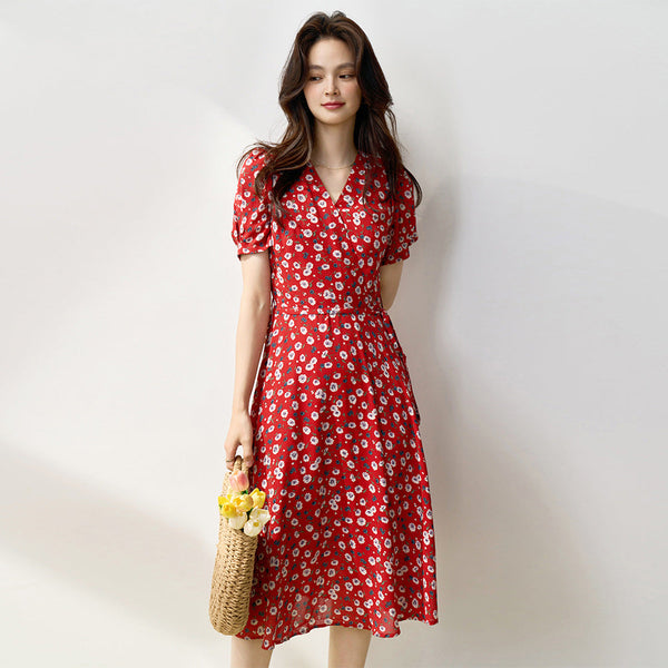 韓国ファッション SELCA-フラワーレッドシフォンワンピース-2024ss-154-02