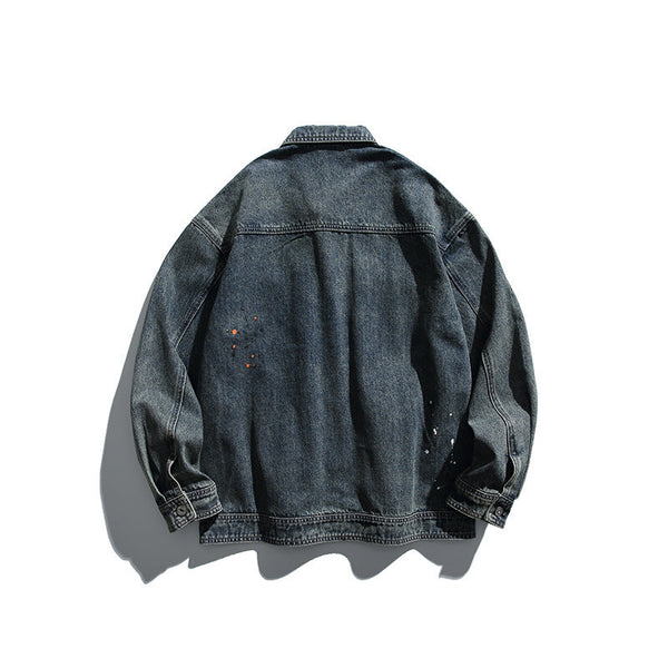 韓国ファッション SELCA-Work Jacket Washed Distressed Lapel Denim Jacket-mselca2024ss-083-05