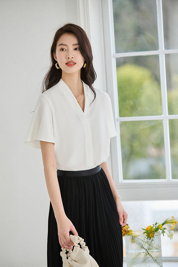 韓国ファッション SELCA-Vネックホワイトブラウス-2024ss-140-06