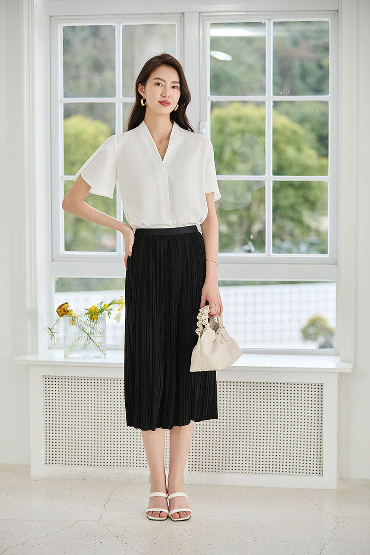韓国ファッション SELCA-Vネックホワイトブラウス-2024ss-140-09