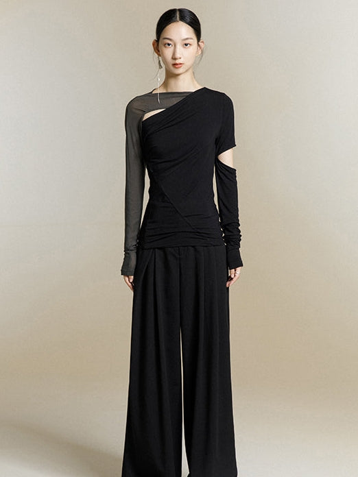 韓国ファッション SELCA-異素材アシメントリーシアートップス-2024ss-0039-010