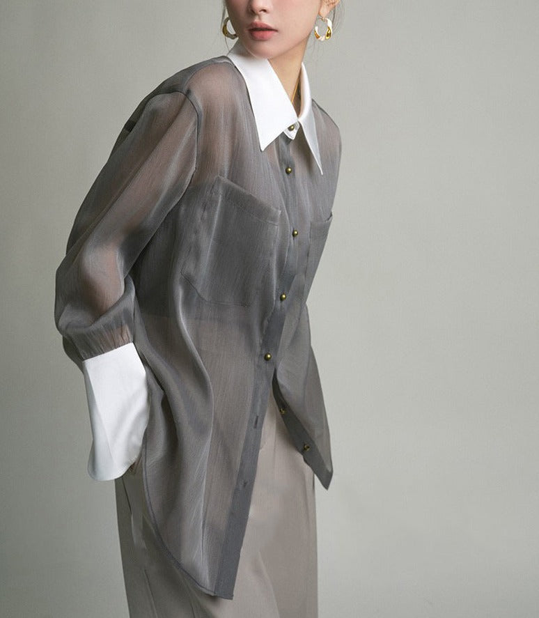 韓国ファッション SELCA-シアーバイカラーデザインシャツ-2024ss-0013-06
