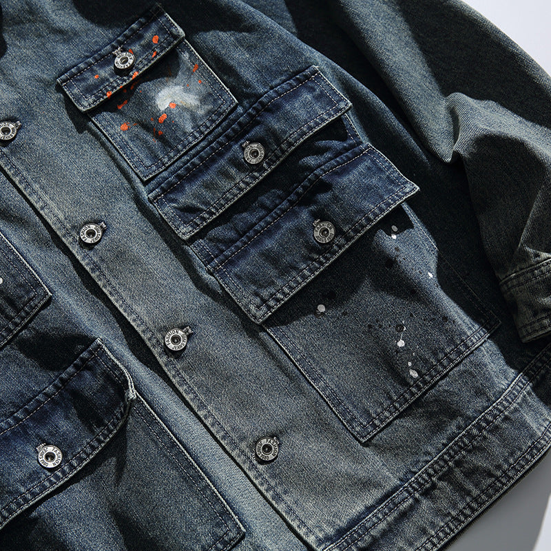 韓国ファッション SELCA-Work Jacket Washed Distressed Lapel Denim Jacket-mselca2024ss-083-09