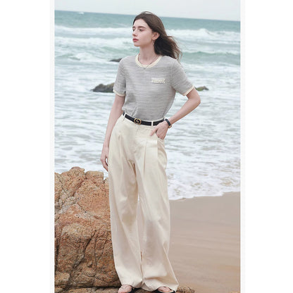 韓国ファッション SELCA-異素材ラウンドネックハーフスリーブシャツ-2024ss-74-04