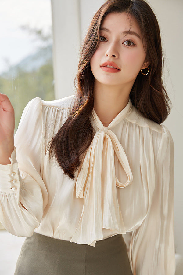 韓国ファッション SELCA-ボウタイサテンブラウス-2024ss-tp2-032