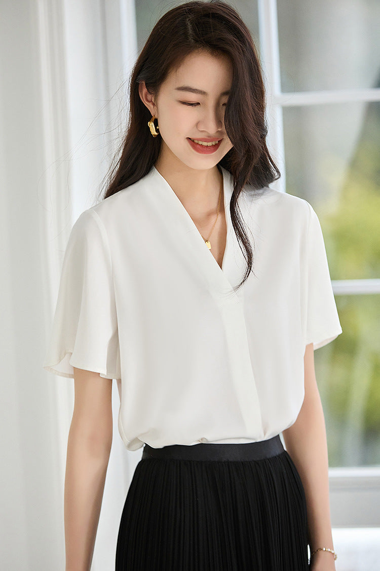 韓国ファッション SELCA-Vネックホワイトブラウス-2024ss-140-07