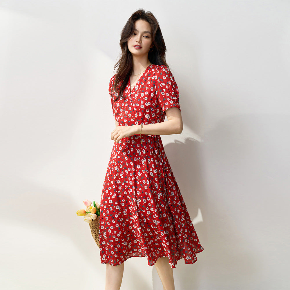 韓国ファッション SELCA-フラワーレッドシフォンワンピース-2024ss-154-04