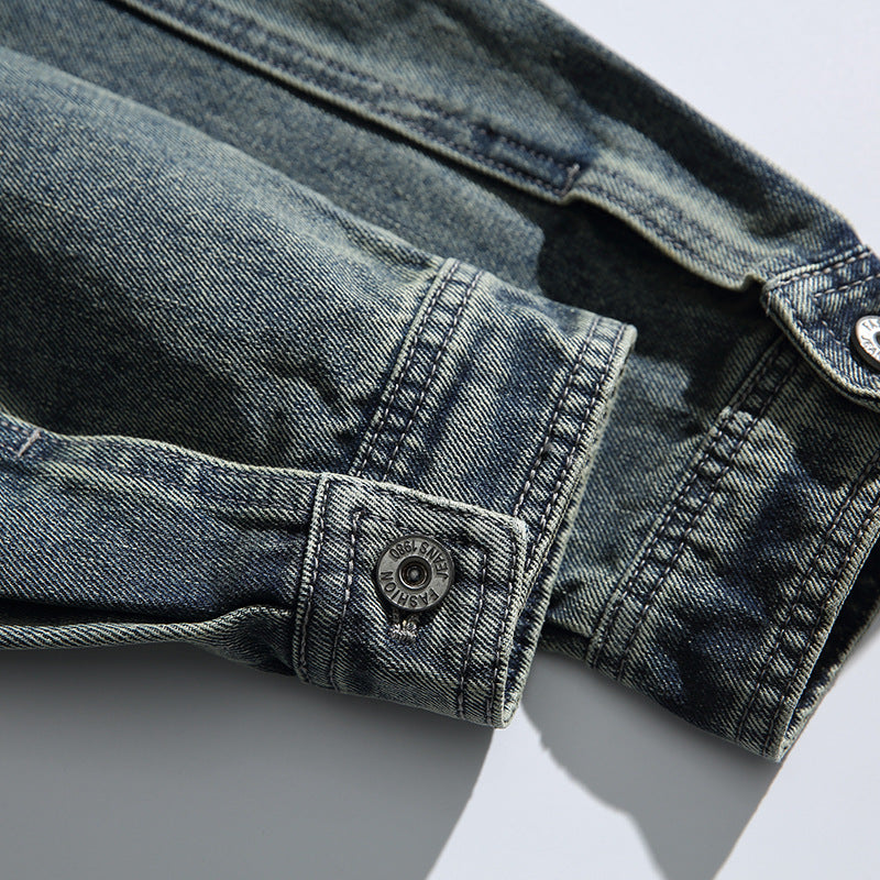 韓国ファッション SELCA-Work Jacket Washed Distressed Lapel Denim Jacket-mselca2024ss-083-011