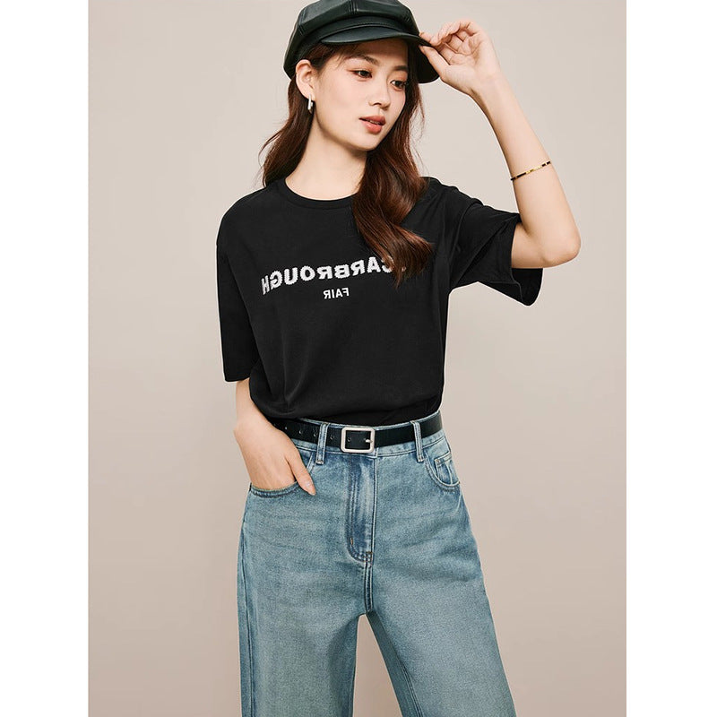 韓国ファッション SELCA-ハイエンドテンペラメントオールマッチエンブロイダリーレターTシャツメス 2024 春半袖トップレディース 1F1902891-2024ss-186-06