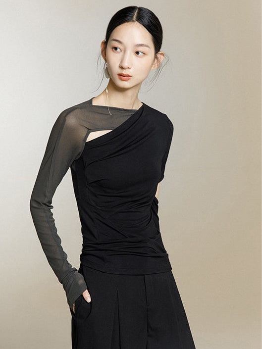 韓国ファッション SELCA-異素材アシメントリーシアートップス-2024ss-0039-013