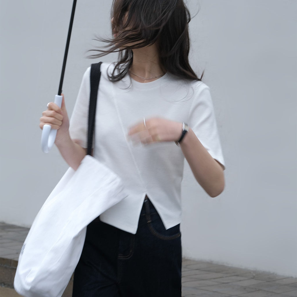 韓国ファッション SELCA-アシメスリットコットンシャツ-2024ss-0065-011