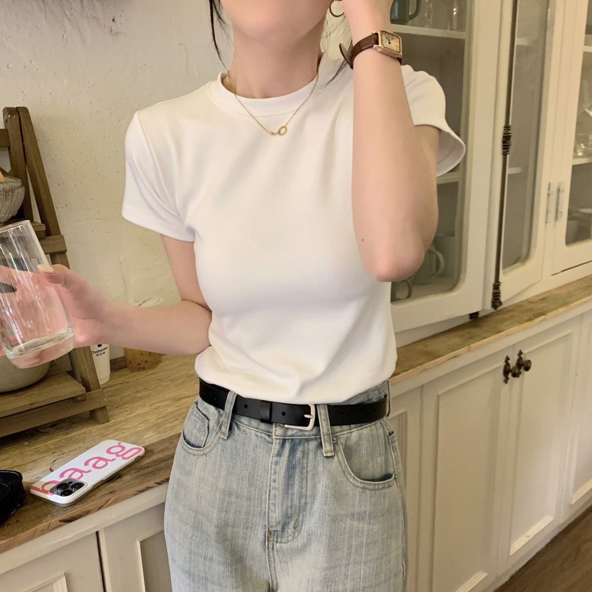 韓国ファッション SELCA-ハーフネックスリム半袖Tシャツ-2023ss-tp05-01-02