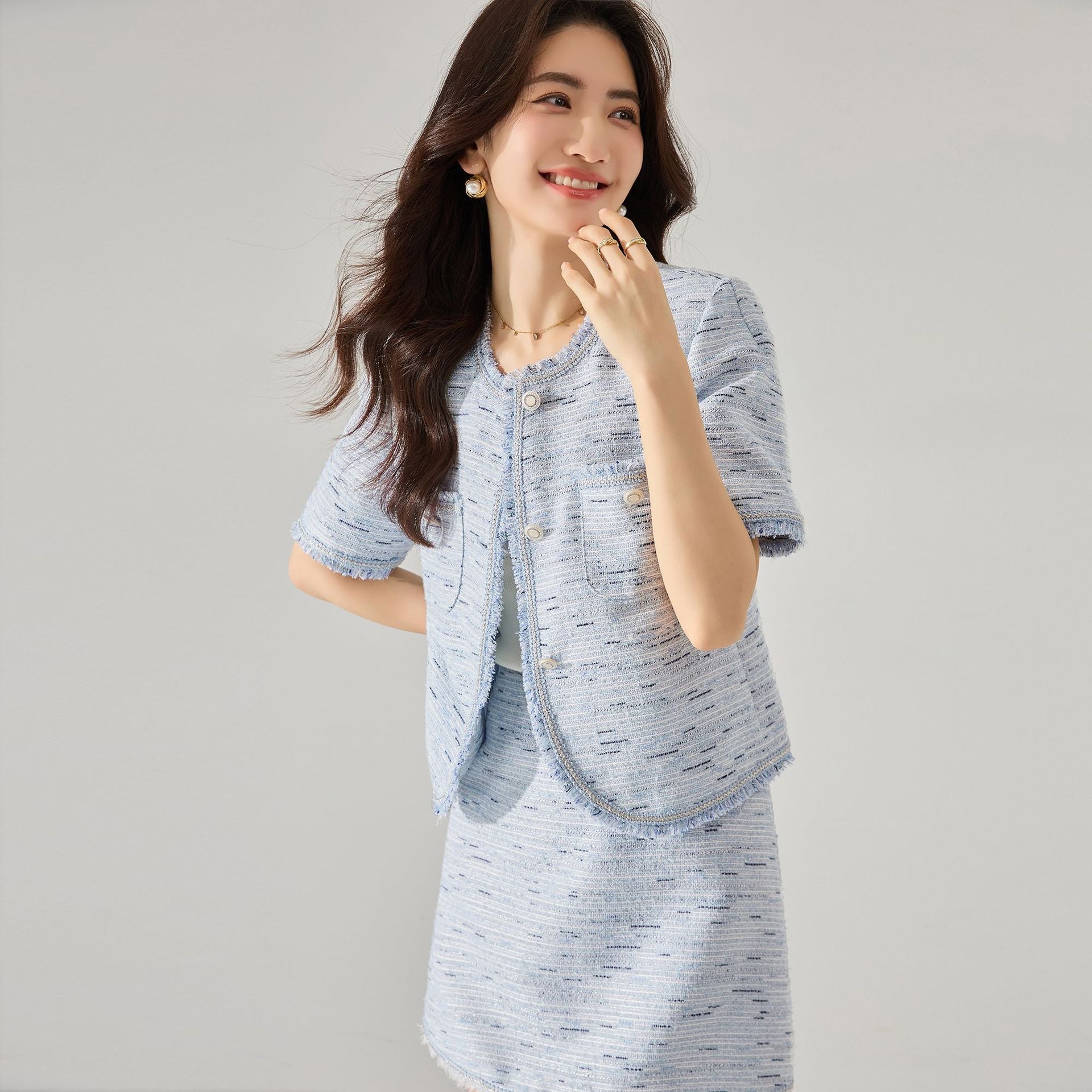 韓国ファッション SELCA-ブルーツイードショートジャケット-2024ss-156-02