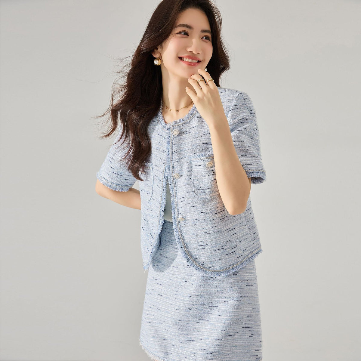 韓国ファッション SELCA-ブルーツイードショートジャケット-2024ss-156-02