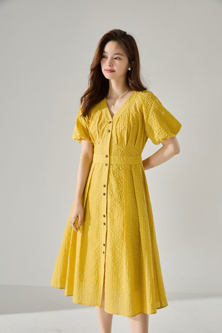 韓国ファッション SELCA-パフスリーブプリーツワンピース-2024ss-134-011