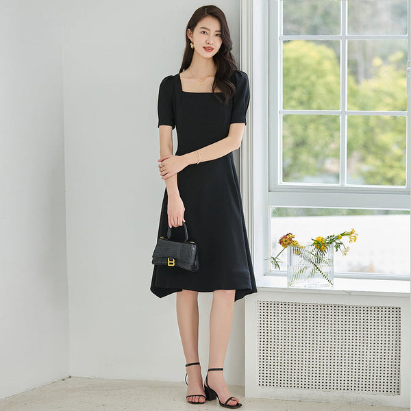 韓国ファッション SELCA-スクエアネックブラックドレス-2024ss-93-02