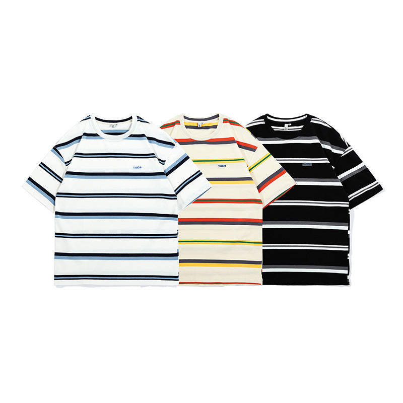 韓国ファッション SELCA-FORN3 2024夏新作ユニセックスオールマッチクラシックカジュアル半袖Tシャツメンズトレンディストライプラウンドネックトップ-mselca2024ss-0131-05