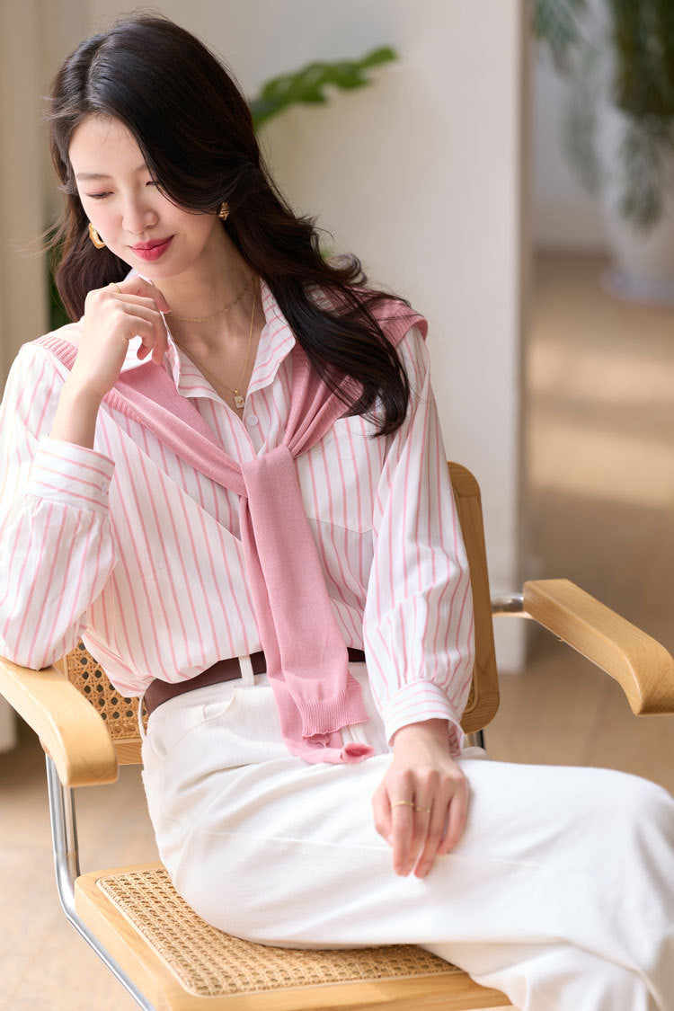 韓国ファッション SELCA-ストライプシャツ&カーディガンセット-2024ss-88-06