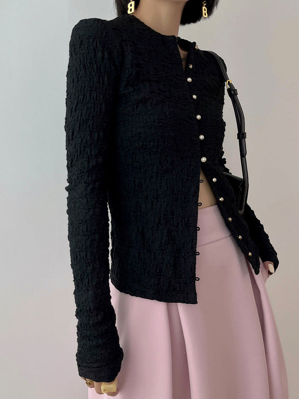 韓国ファッション SELCA-パールボタンタイトカーディガン-2024ss-0059-03