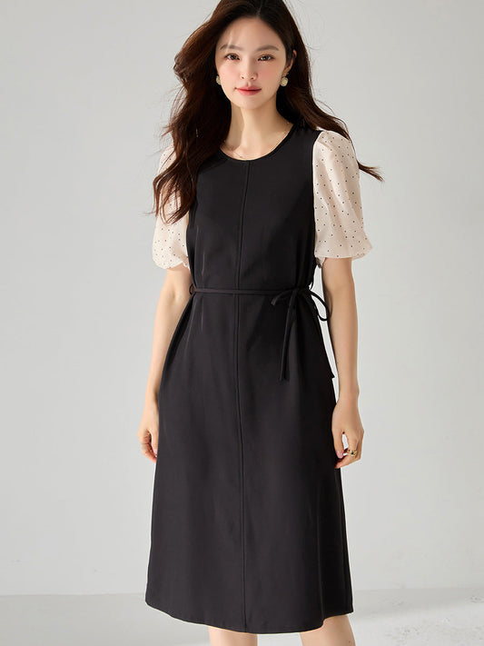 韓国ファッション SELCA-ウエストリボンパフスリーブワンピース-2024ss-86-01