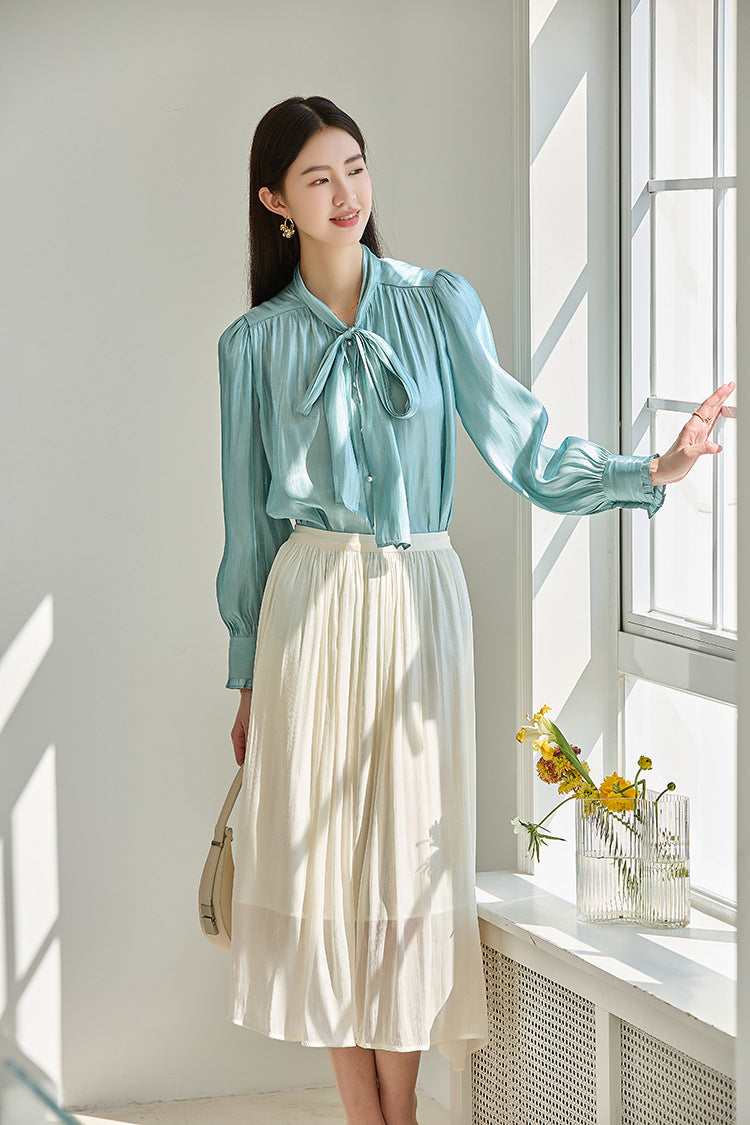 韓国ファッション SELCA-ボウタイサテンブラウス-2024ss-tp2-014