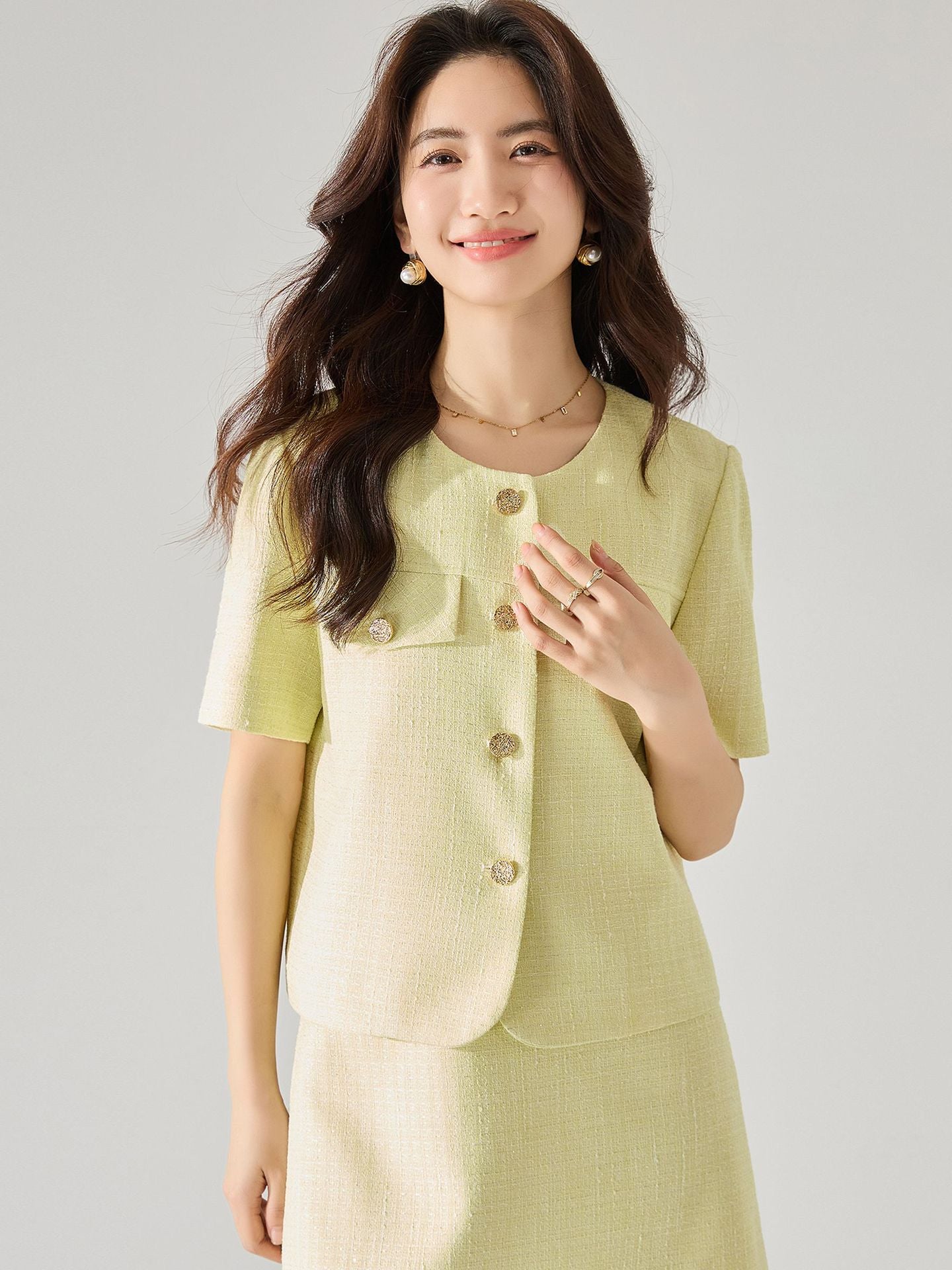 韓国ファッション SELCA-24 サマーライトウェイト、クール、スリム、ホワイト、ショートスリーブスーツトップ 15580 ショートスカート 15581 ツーピースセット-2024ss-161-04