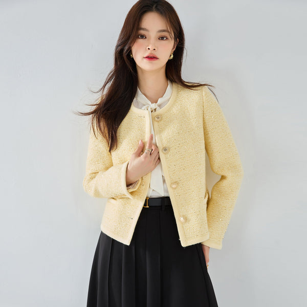 韓国ファッション SELCA-ファンシーツイードスパンコールショートジャケット-2024ss-ou17-010