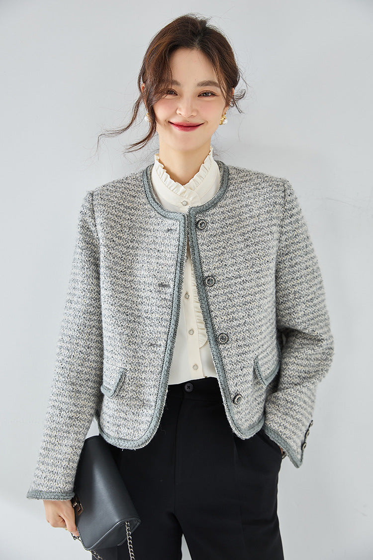 韓国ファッション SELCA-ラウンドネックパイピンググレーツイードジャケット-2024ss-ou20-01