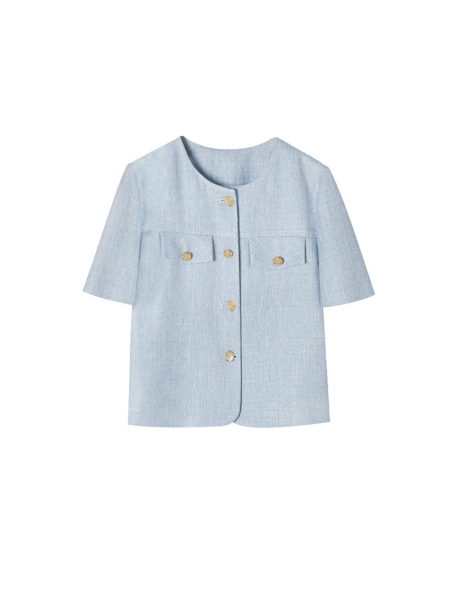 韓国ファッション SELCA-24 サマーライトウェイト、クール、スリム、ホワイト、ショートスリーブスーツトップ 15580 ショートスカート 15581 ツーピースセット-2024ss-161-05