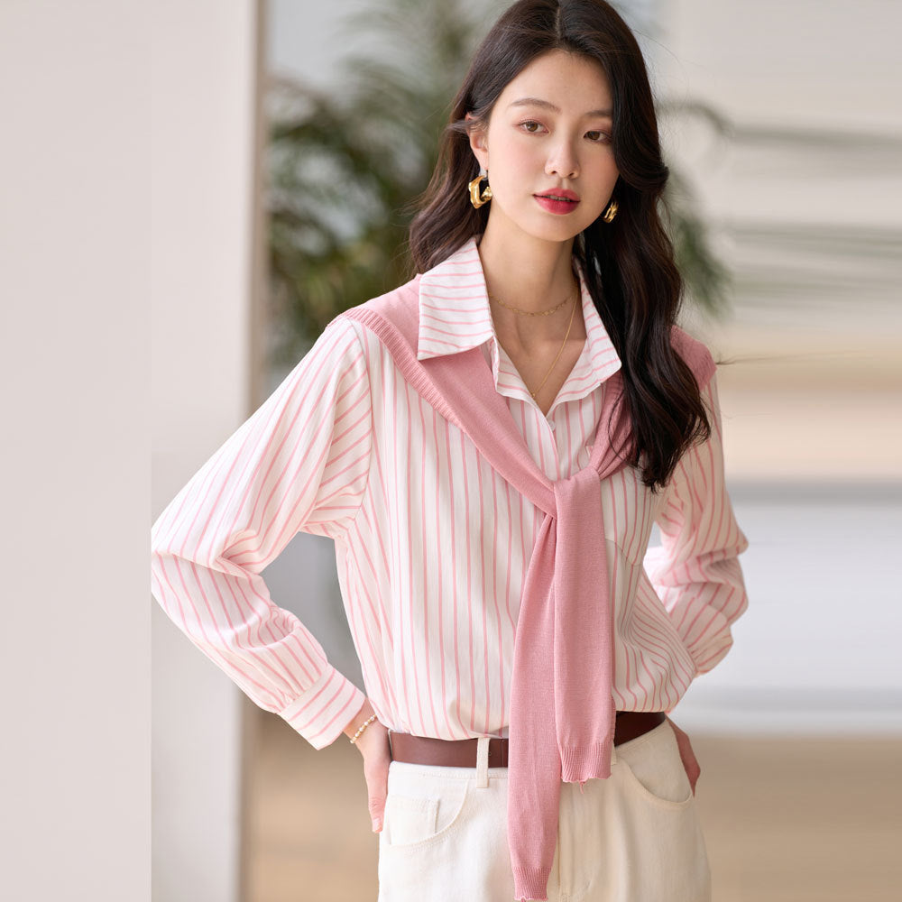 韓国ファッション SELCA-ストライプシャツ&カーディガンセット-2024ss-88-03