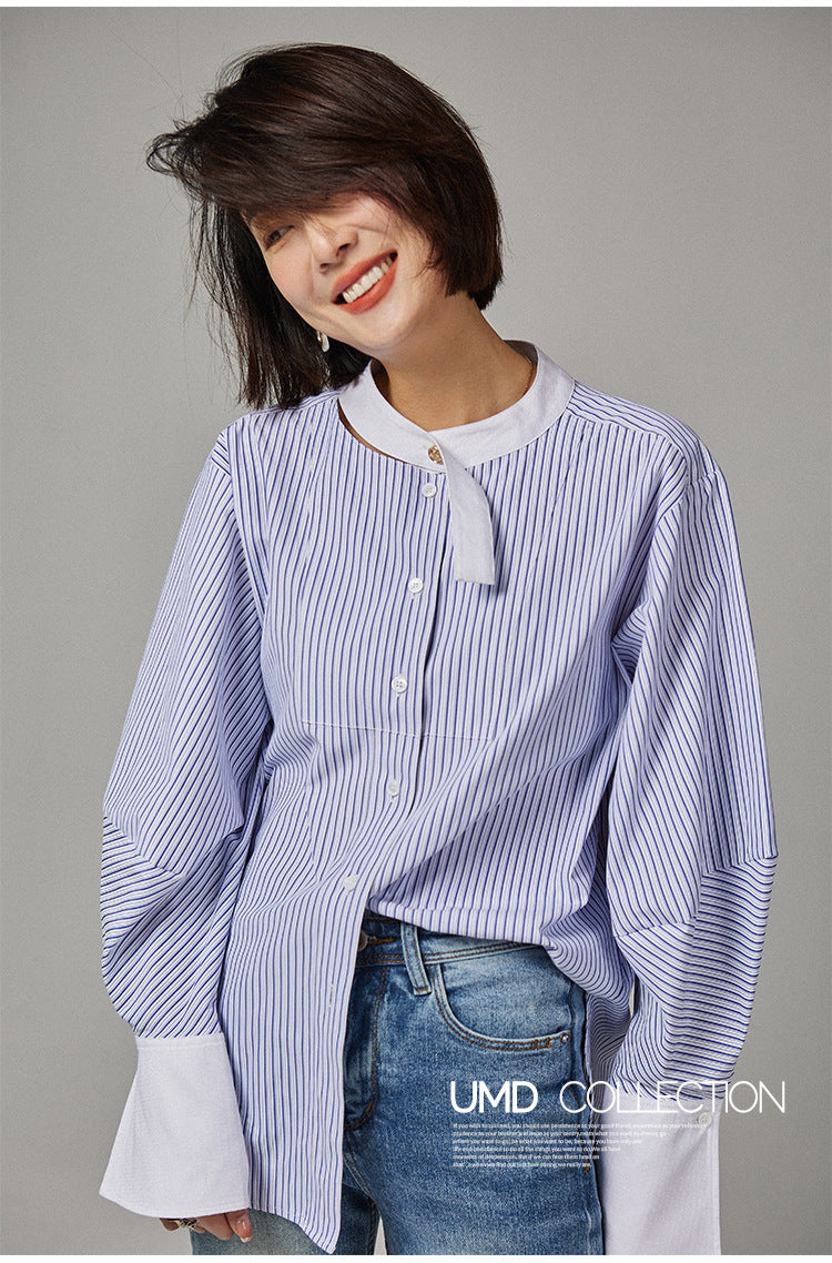 韓国ファッション SELCA-ストライプノーカラーシャツ-2024ss-0021-07