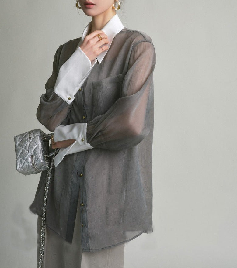 韓国ファッション SELCA-シアーバイカラーデザインシャツ-2024ss-0013-018