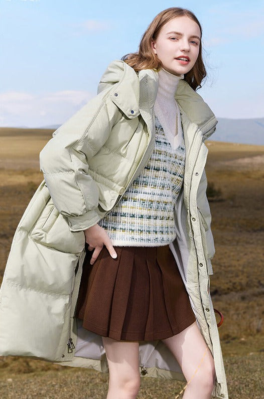 韓国ファッション SELCA-ライトグリーンウエストリボンロングダウン-2023aw-tp51-01