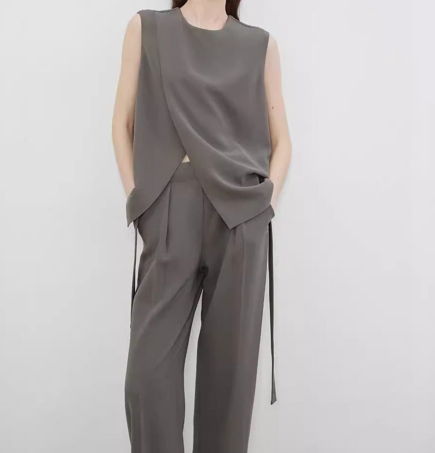 韓国ファッション SELCA-ビッグレディースパンツセットカジュアル、スタイリッシュ、クール、ツイル、ミニマリスト、ハイエンド、スリットトップ、ハイウエスト、ストレートパンツセット、サマー-2024ss-170-02