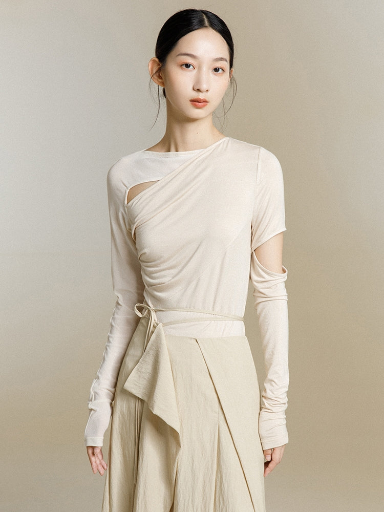 韓国ファッション SELCA-異素材アシメントリーシアートップス-2024ss-0039-07