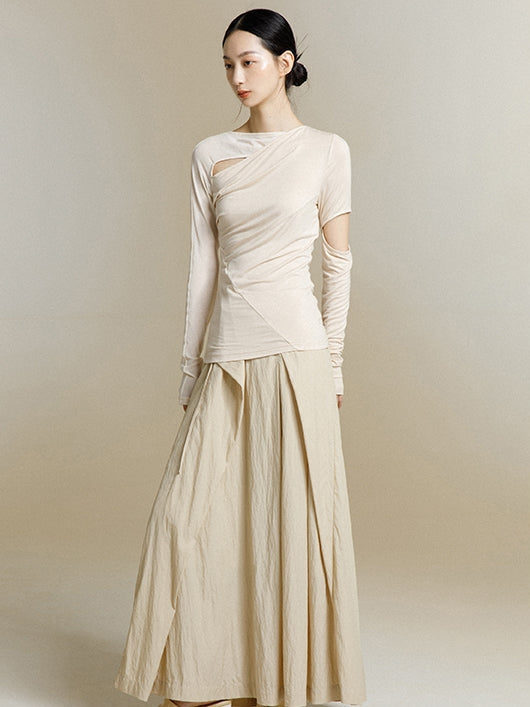 韓国ファッション SELCA-異素材アシメントリーシアートップス-2024ss-0039-03