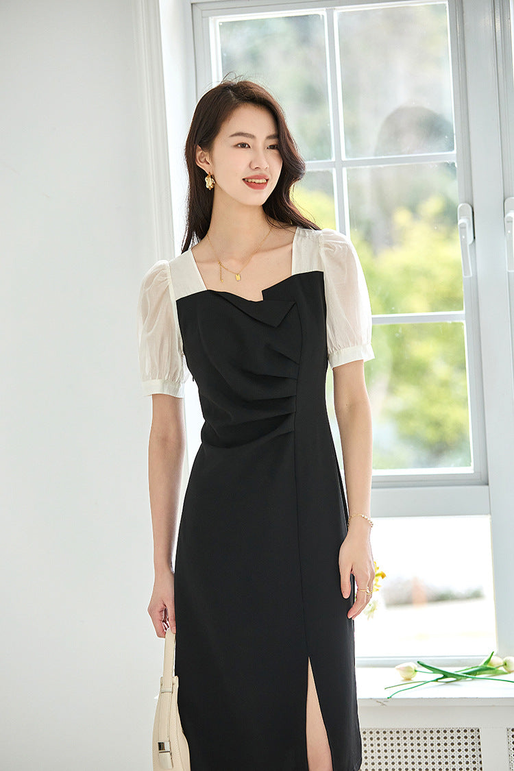 韓国ファッション SELCA-ラウンドネックバイカラードレス-2024ss-92-010