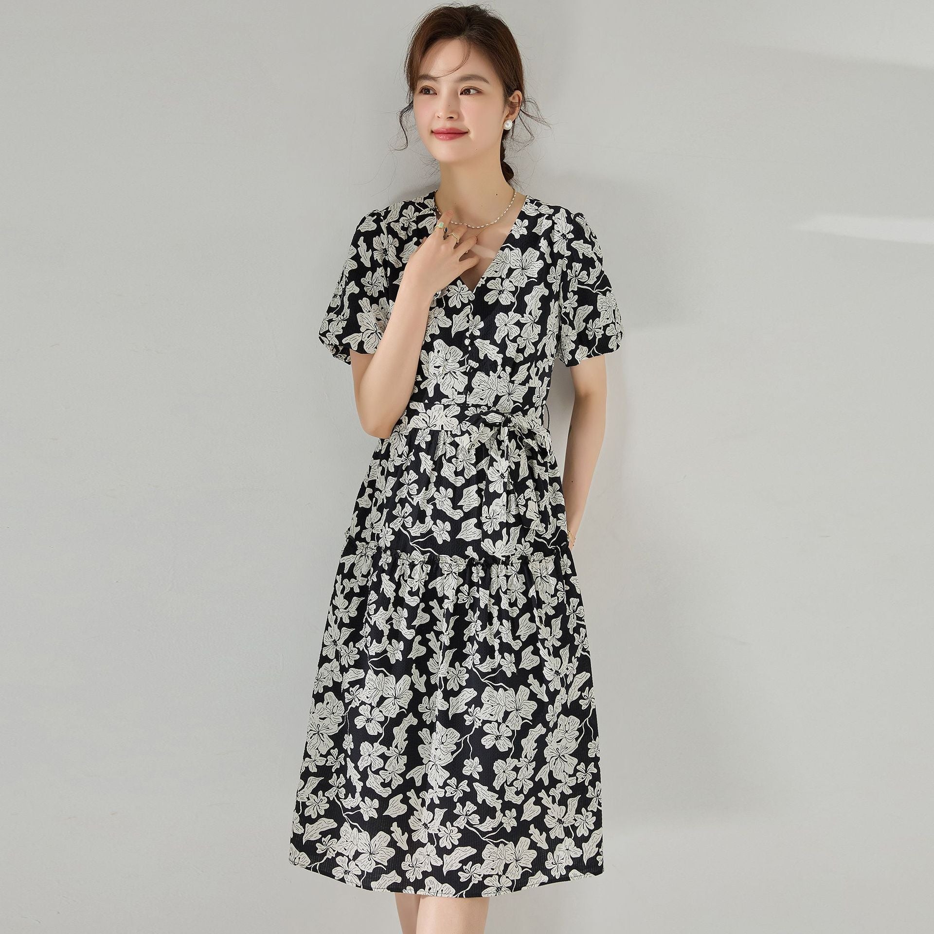 韓国ファッション SELCA-フレンチヘップバーンスタイルウエストドレス-2024ss-143-05