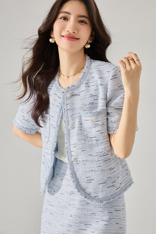 韓国ファッション SELCA-ブルーツイードショートジャケット-2024ss-156-06