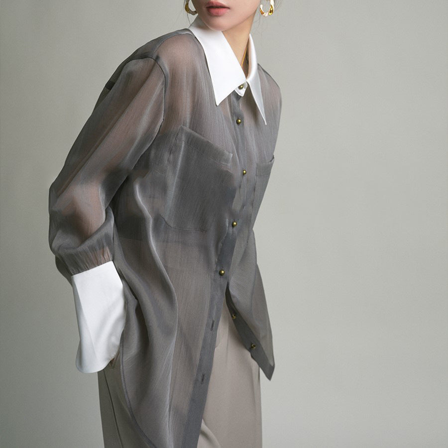 韓国ファッション SELCA-シアーバイカラーデザインシャツ-2024ss-0013-04
