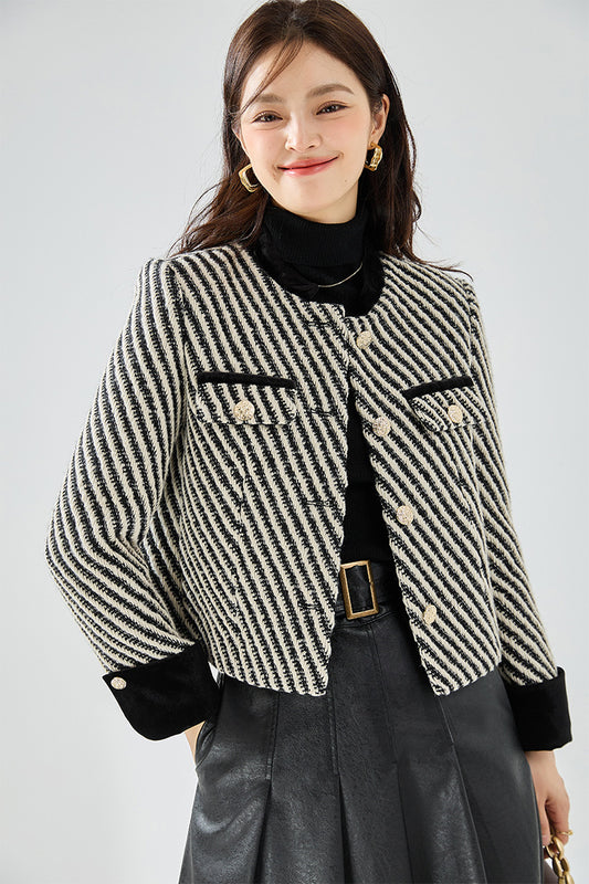 韓国ファッション SELCA-フレンチブラック&ホワイトツイードショートジャケット-2023aw-ot6-01