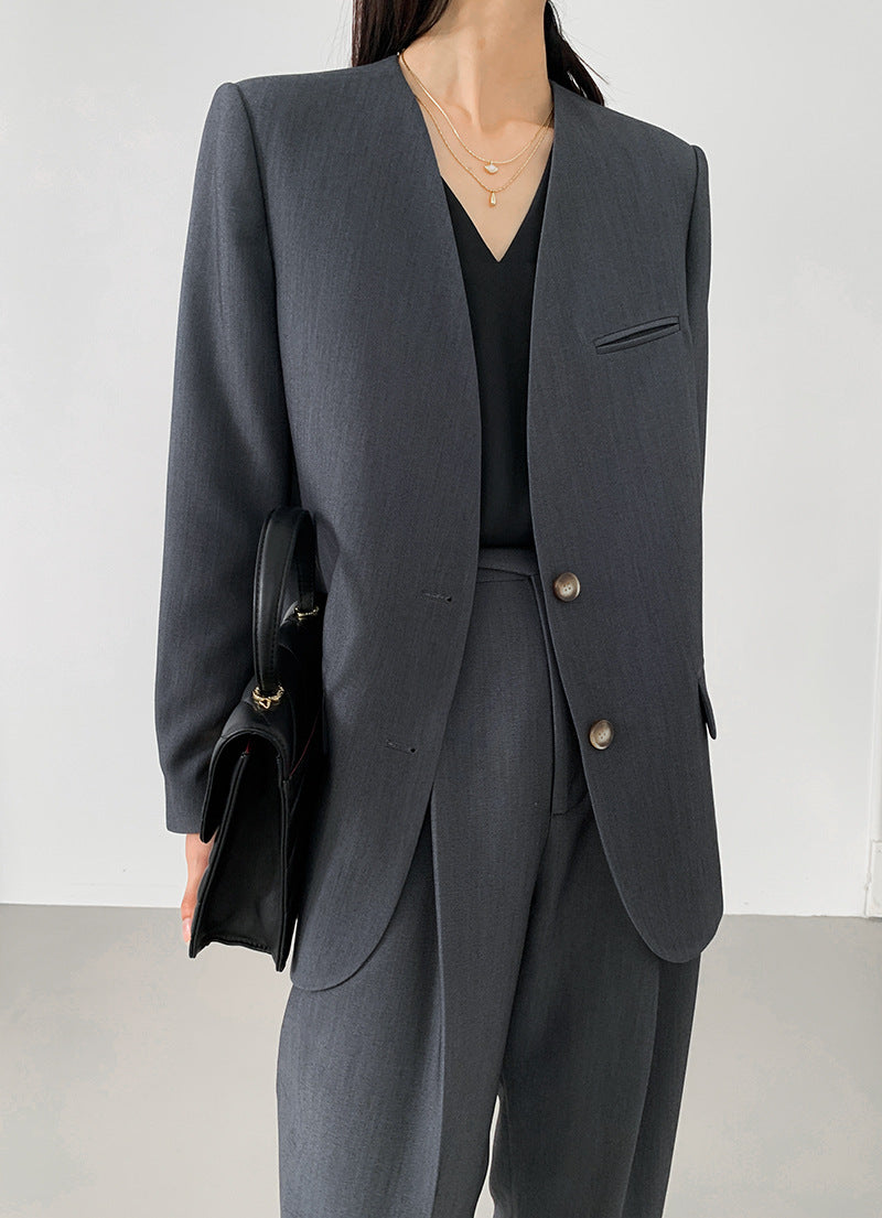 韓国ファッション SELCA-ノーカラーグレーセットアップ-2024ss-0017-03