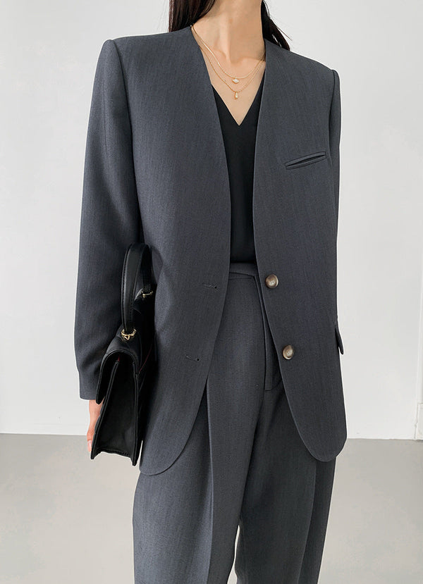 韓国ファッション SELCA-ノーカラーグレーセットアップ-2024ss-0017-03