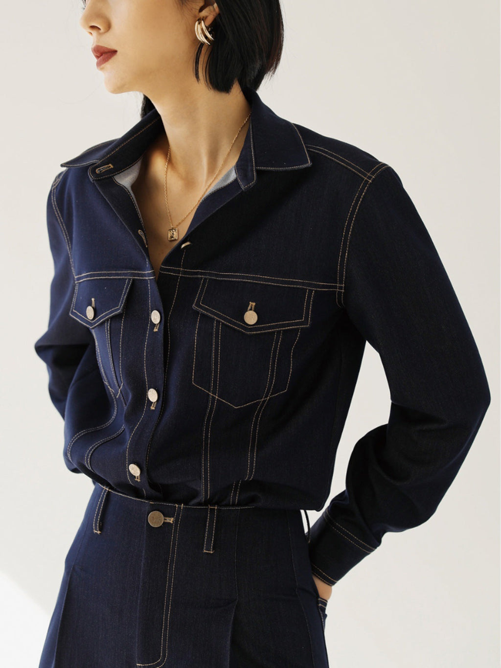 韓国ファッション SELCA-ステッチデニムセットアップ(トップス)-2024ss-005-01