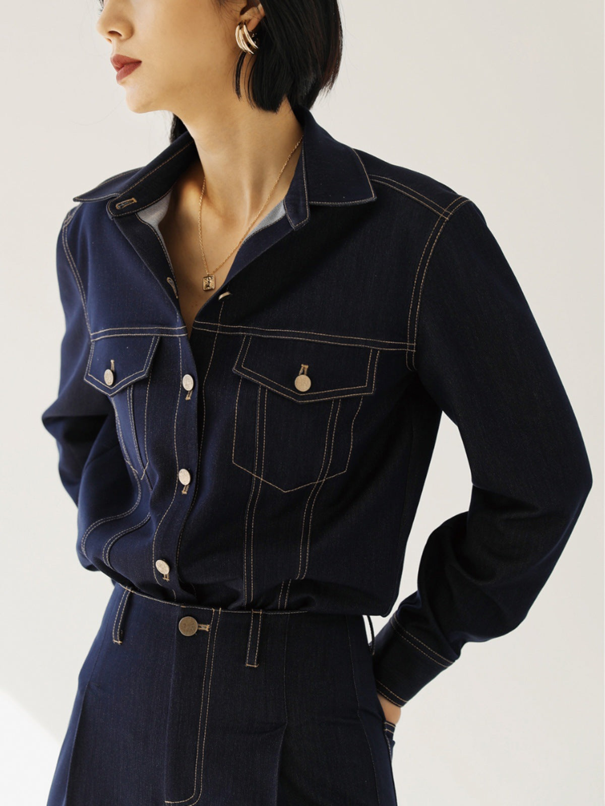 韓国ファッション SELCA-ステッチデニムセットアップ(トップス)-2024ss-005-01