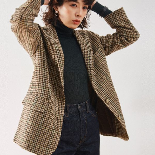 韓国ファッション SELCA-千鳥柄レトロウールジャケット-2024ss-ou23-011