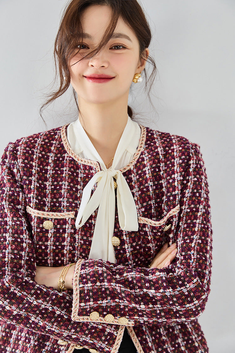 韓国ファッション SELCA-ウール混バイオレットカラーツイードジャケット-2024ss-ou25-01