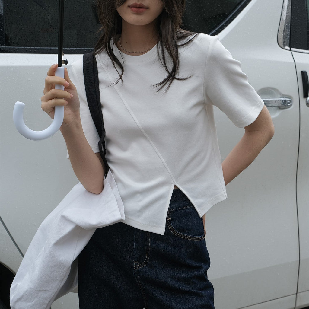 韓国ファッション SELCA-アシメスリットコットンシャツ-2024ss-0065-013