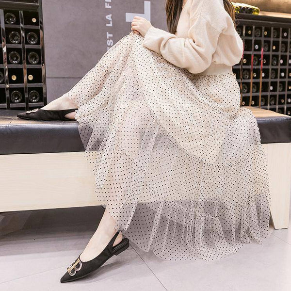 韓国ファッション SELCA-ドットシフォン柄ティアードスカート-2023ss-sk23-02