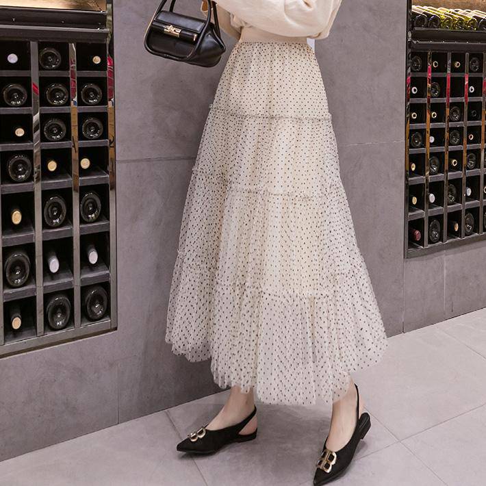 韓国ファッション SELCA-ドットシフォン柄ティアードスカート-2023ss-sk23-03